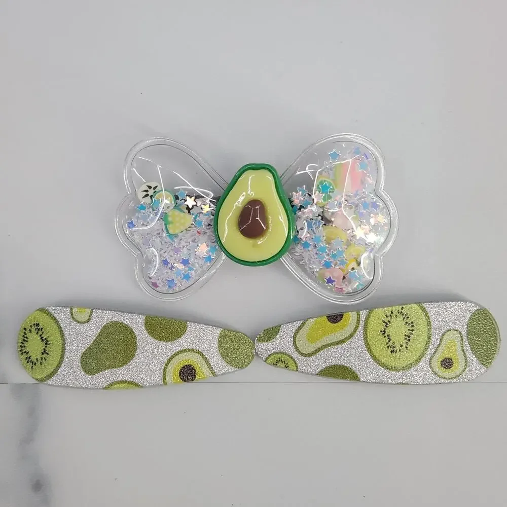 3 pc Avocado Theme Hair Accessories Glittery Bow with Avocado Charm & Snap Clips